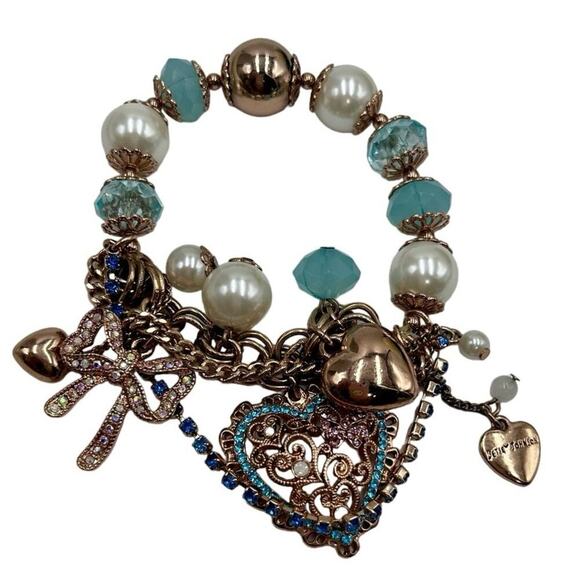 Betsey Johnson Rose Gold Tone Rhinestone Faux Pearl Blue Beads Stretch Bracelet - Picture 1 of 11